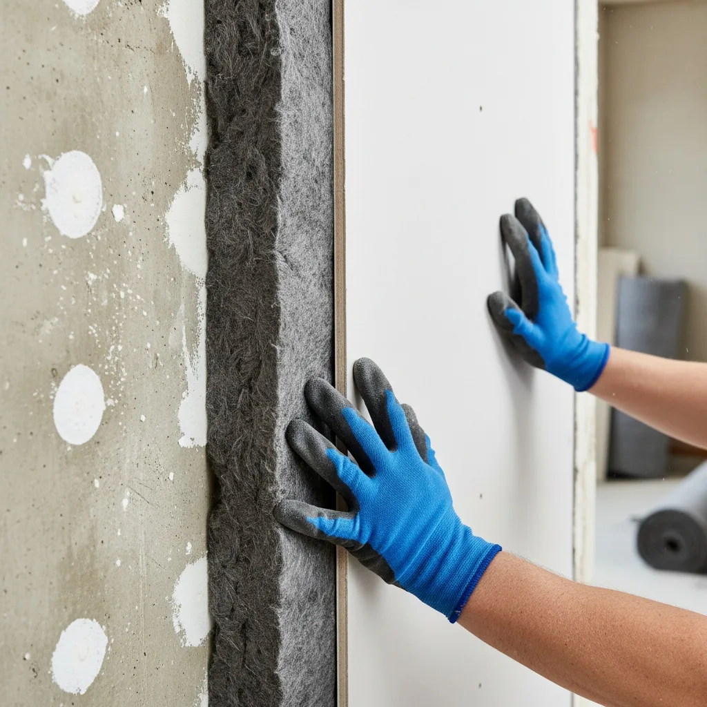 Detalle de sistema multicapa de aislamiento acústico con lana de roca y placa de yeso