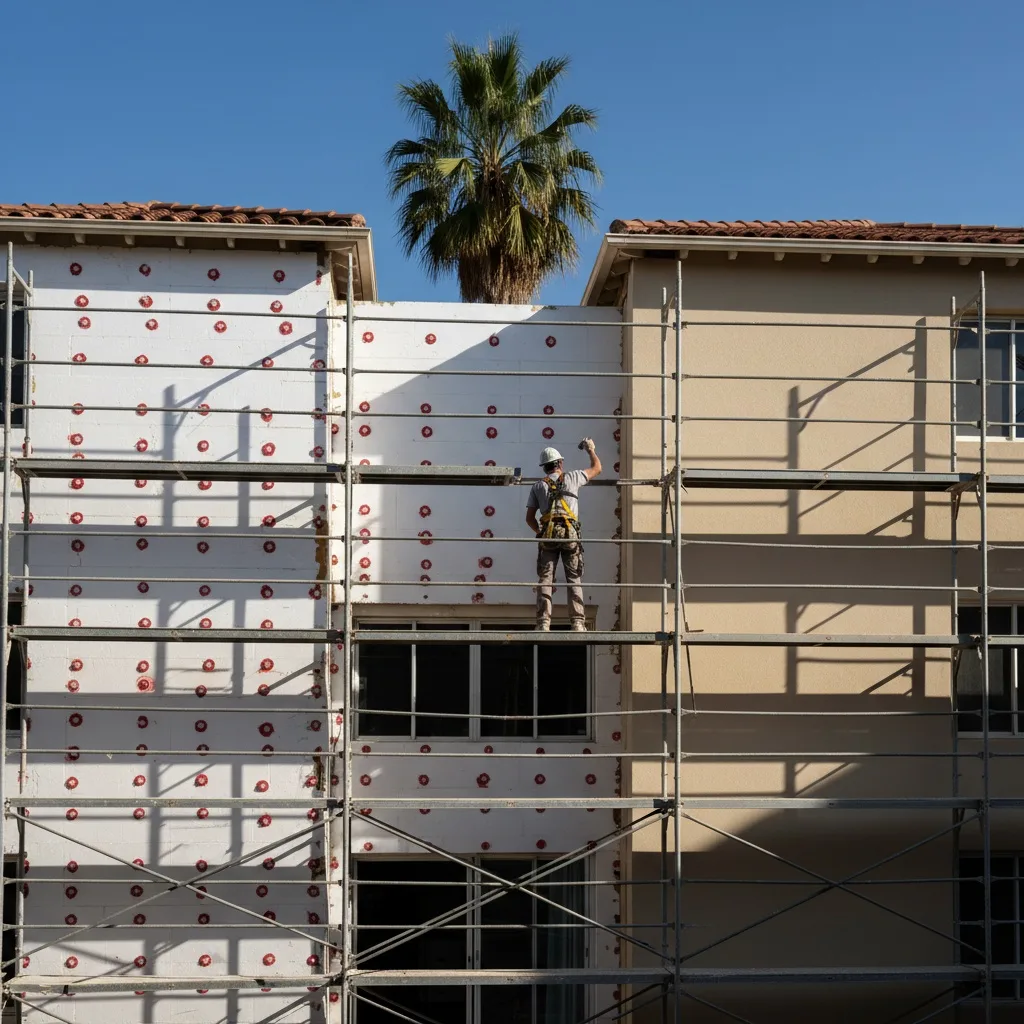 Sistema SATE de aislamiento exterior siendo instalado en fachada de edificio residencial