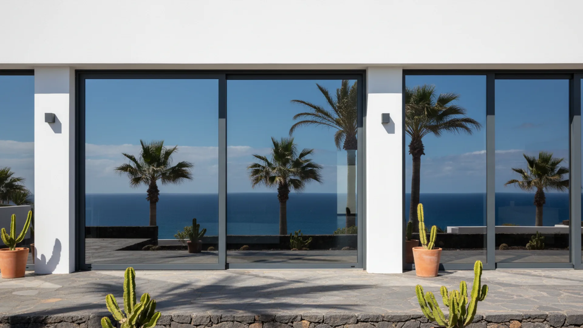 New thermally broken aluminium sliding windows on a renovated Canarian villa with Atlantic Ocean view