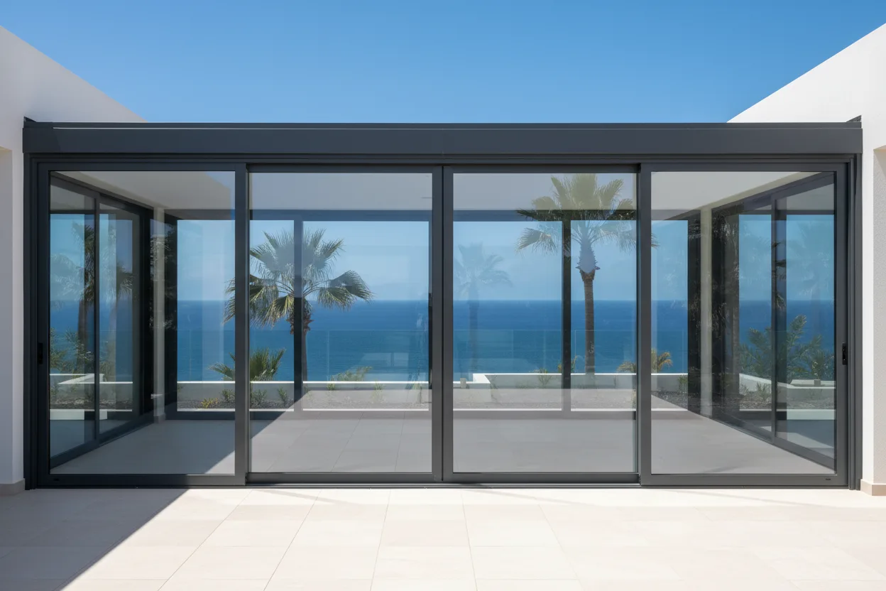 Neue Aluminiumfenster mit Thermotrennung an einer Villa — Blick auf Terrasse und Atlantik
