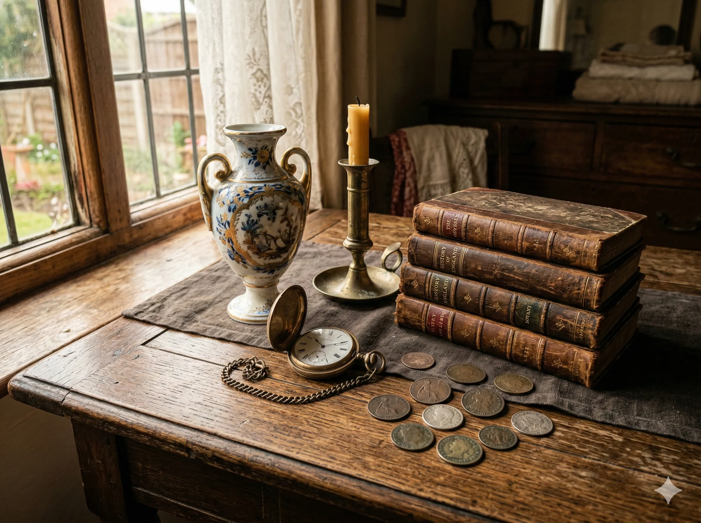Colección de antigüedades — reloj de bolsillo, jarrón de porcelana, candelabro de latón y monedas antiguas sobre mesa de madera