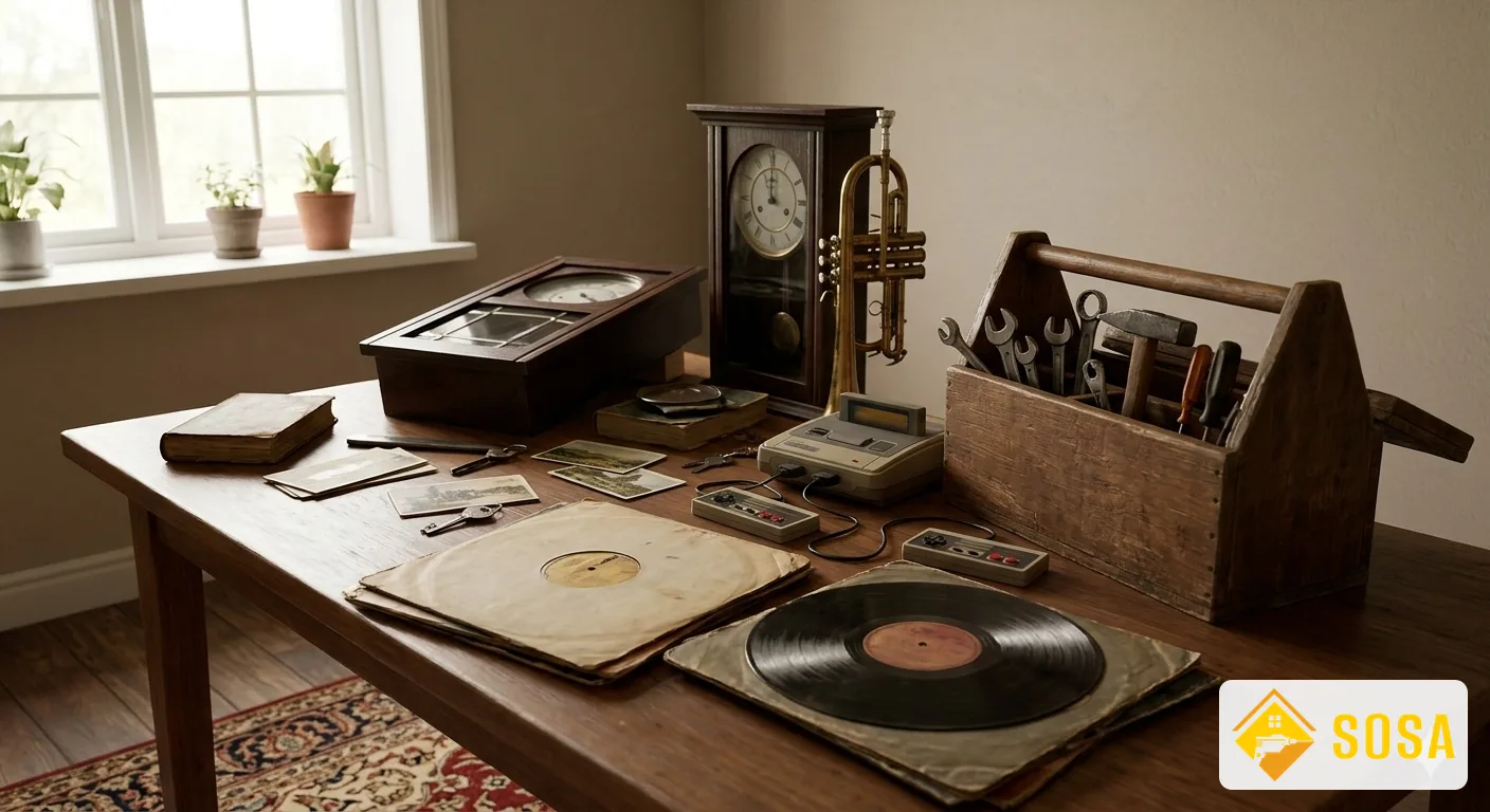 Colección de antigüedades y objetos de segunda mano para compra en Gran Canaria: vinilos, consola retro, herramientas y reloj antiguo