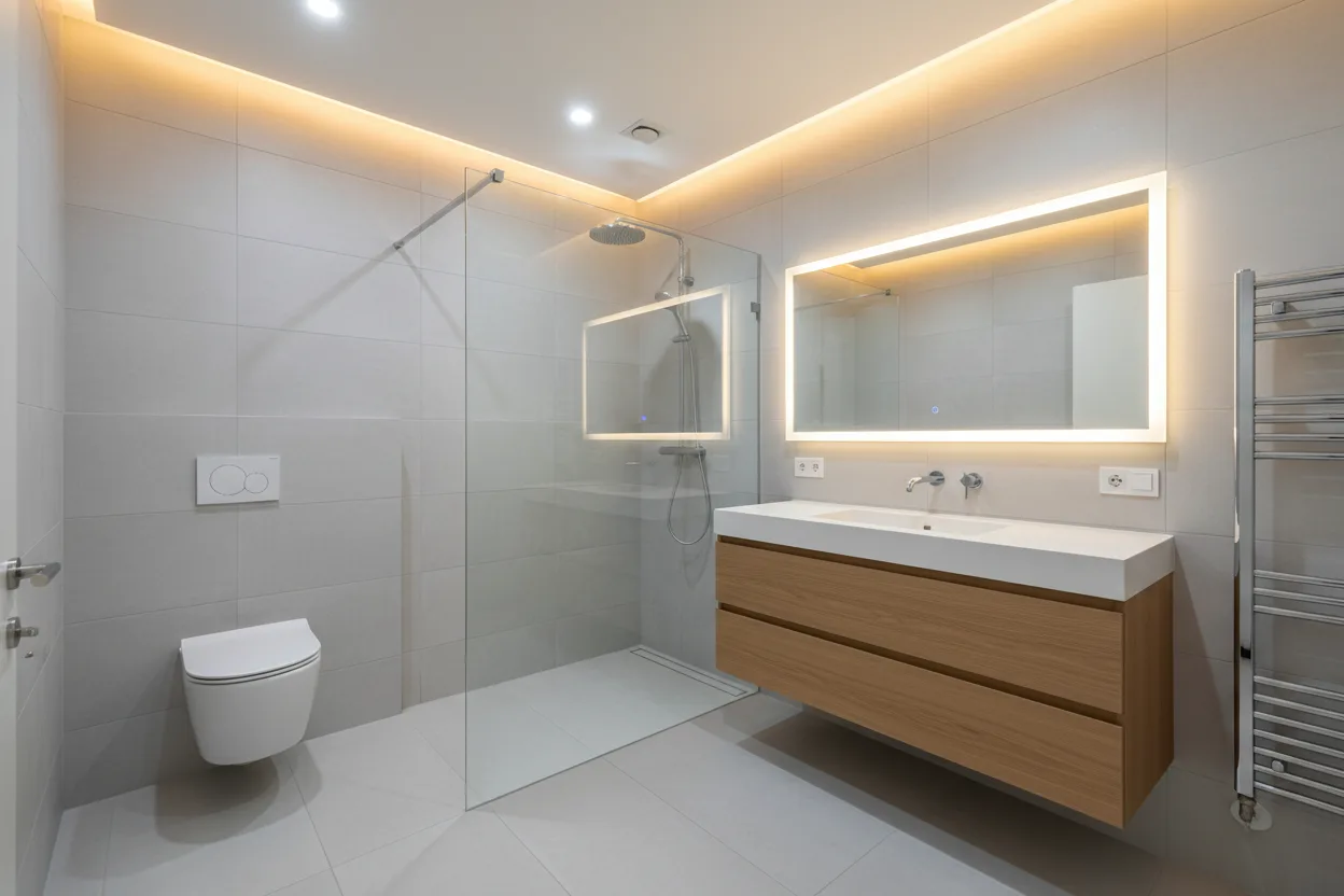 Modernes Badezimmer nach Komplettsanierung — bodengleiche Dusche mit Glasabtrennung und großformatigen Fliesen