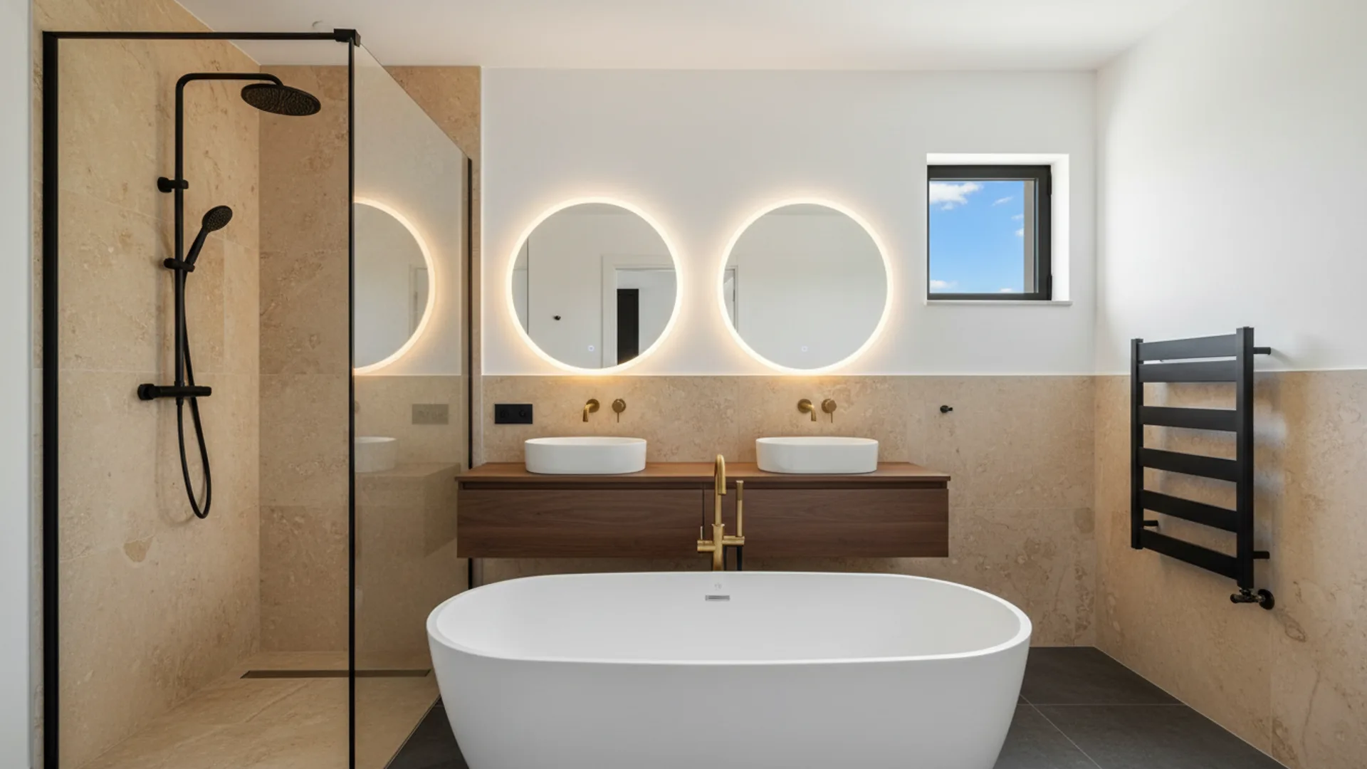 Modern renovated bathroom with walk-in shower, freestanding bath and marble tiling on Gran Canaria
