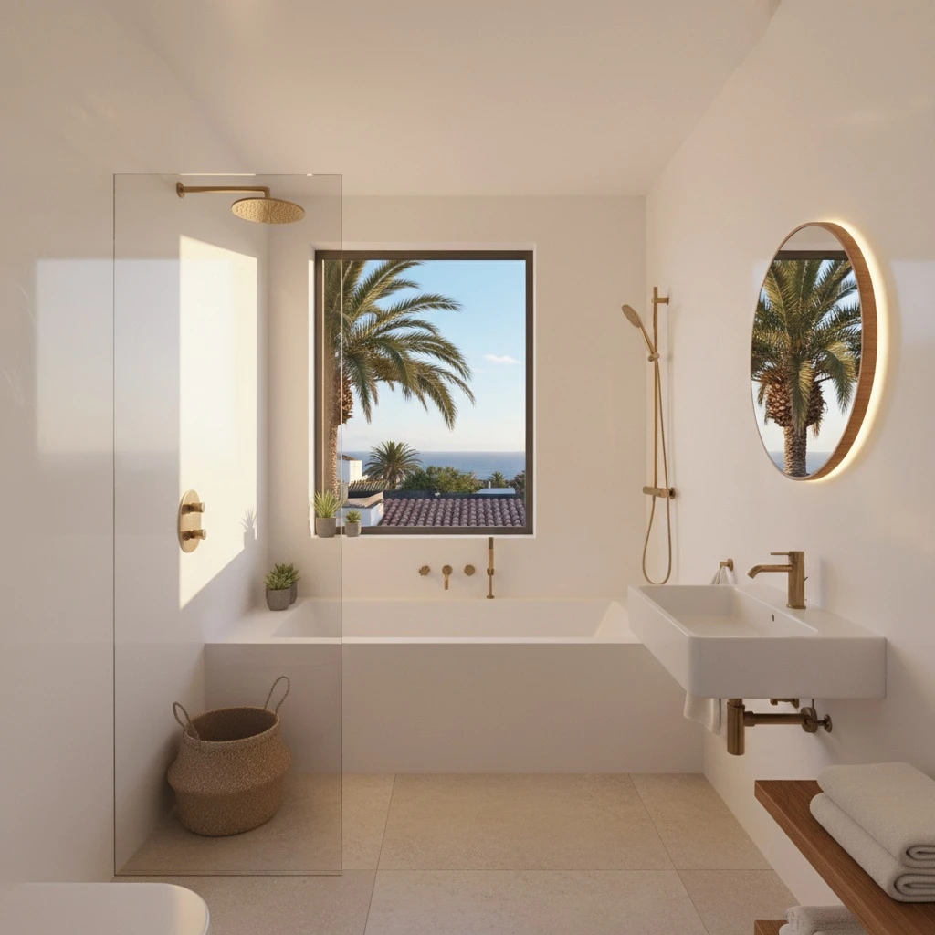Baño moderno en un piso de Gran Canaria con luz natural y palmeras visibles