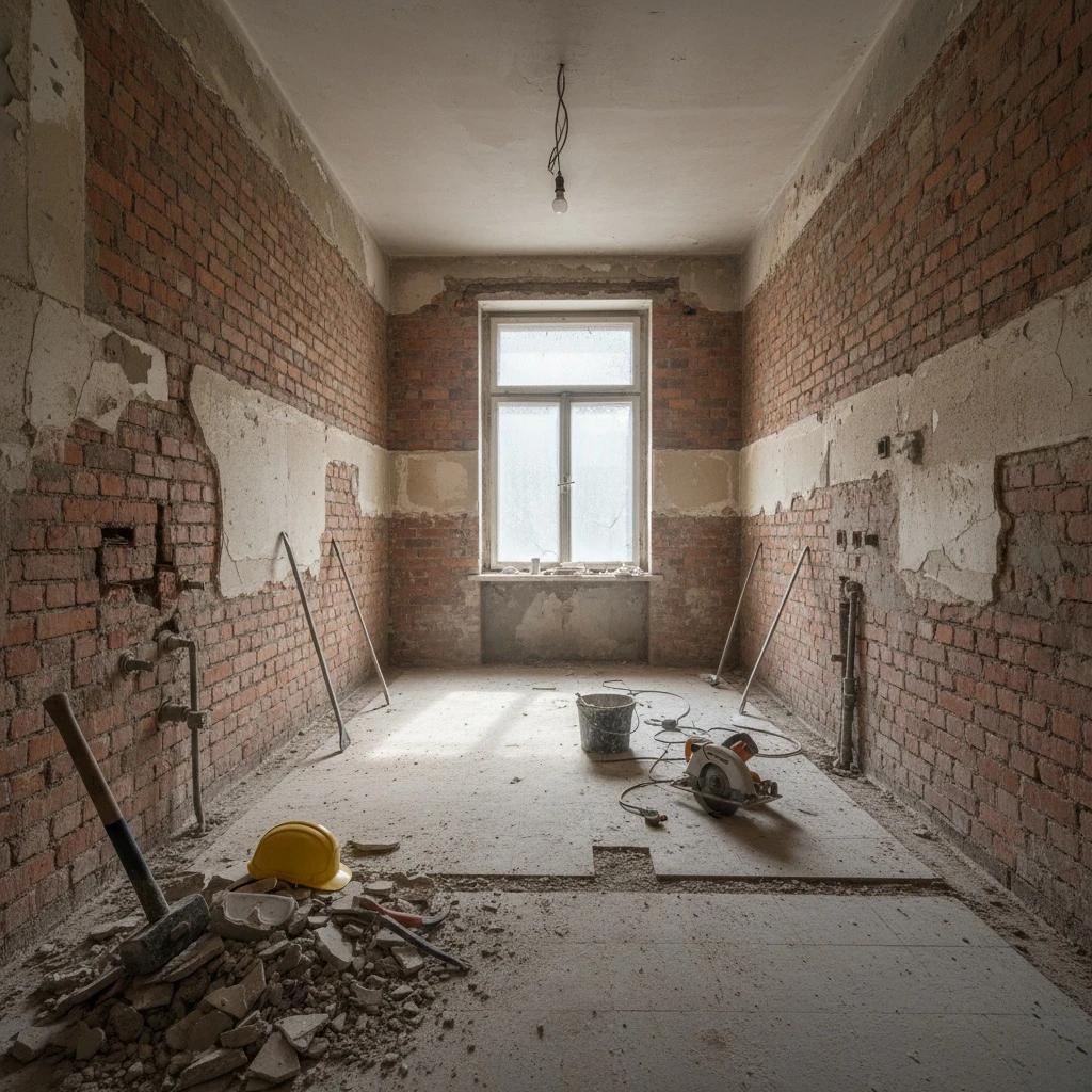 Baño en fase de demolición durante reforma — paredes expuestas y herramientas