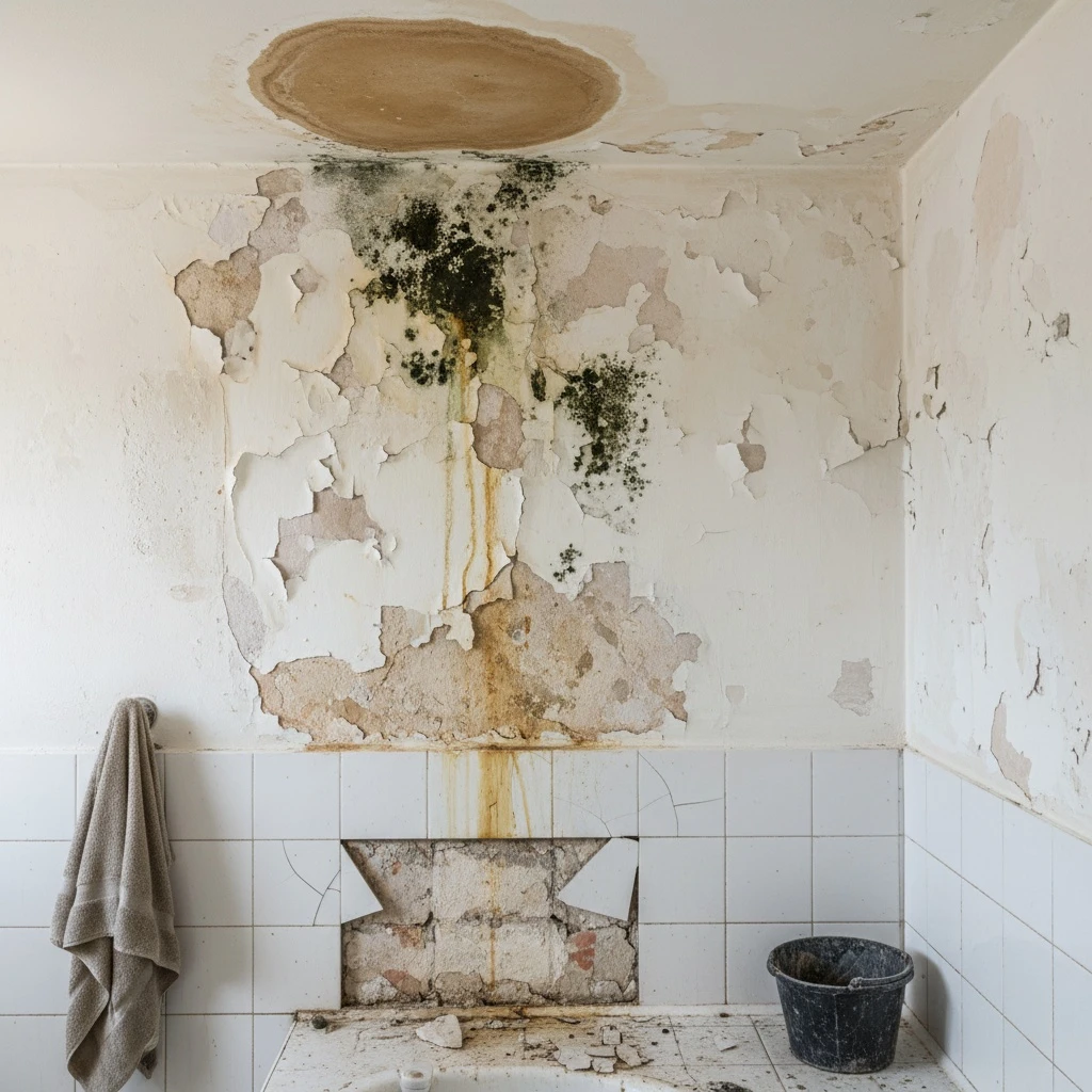 Daños por humedad en pared de baño — error común en reformas sin impermeabilización