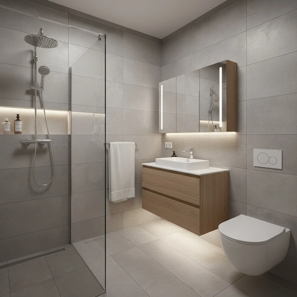 Baño reformado con calidad media — porcelánico, mampara de cristal, grifería termostática