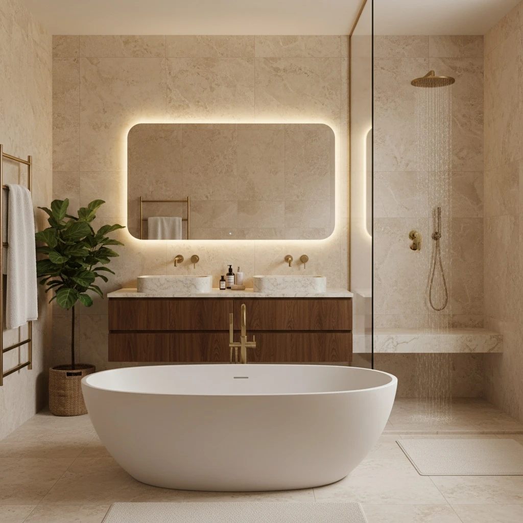 Baño reformado de alta gama — bañera exenta, piedra natural, grifería oro cepillado