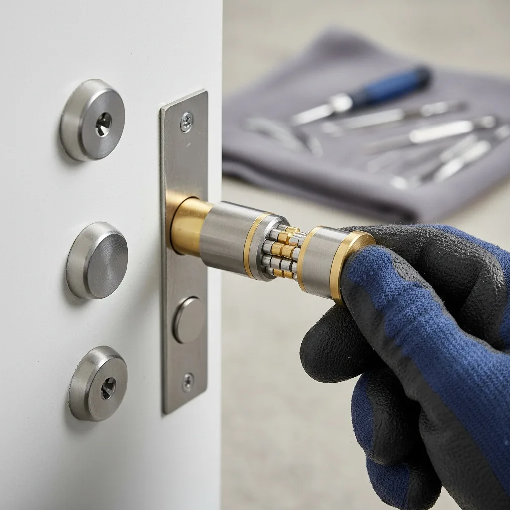 Cilindro de cerradura de alta seguridad con pines antibumping siendo instalado en puerta acorazada