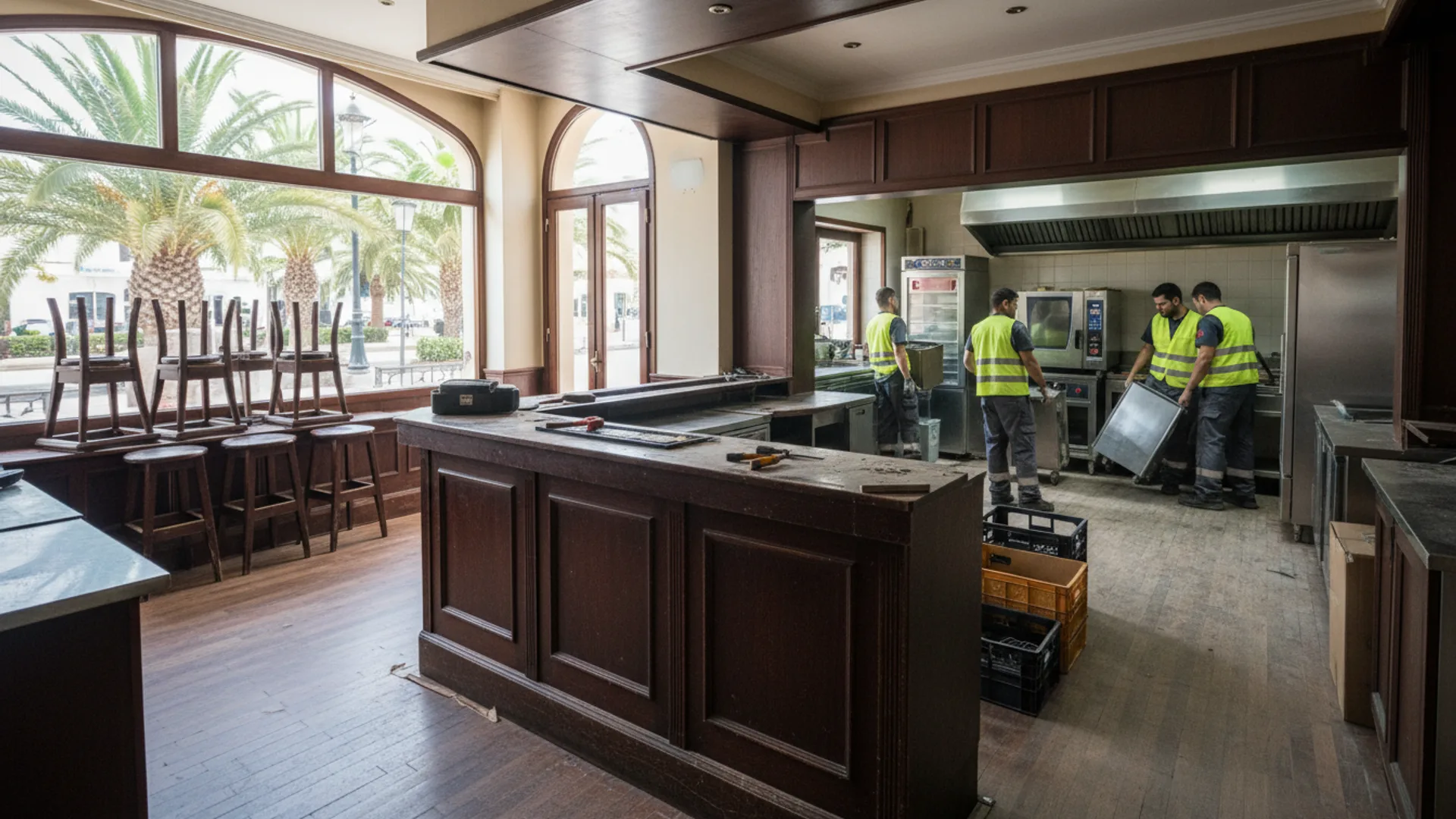 Commercial clearance of a British-style pub on Gran Canaria — Sosa team dismantling bar