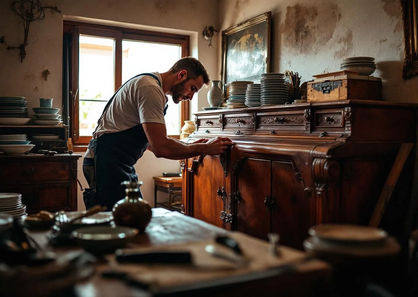 Trabajador de Sosa evaluando muebles antiguos de madera durante compra y vaciado de piso en Agüimes