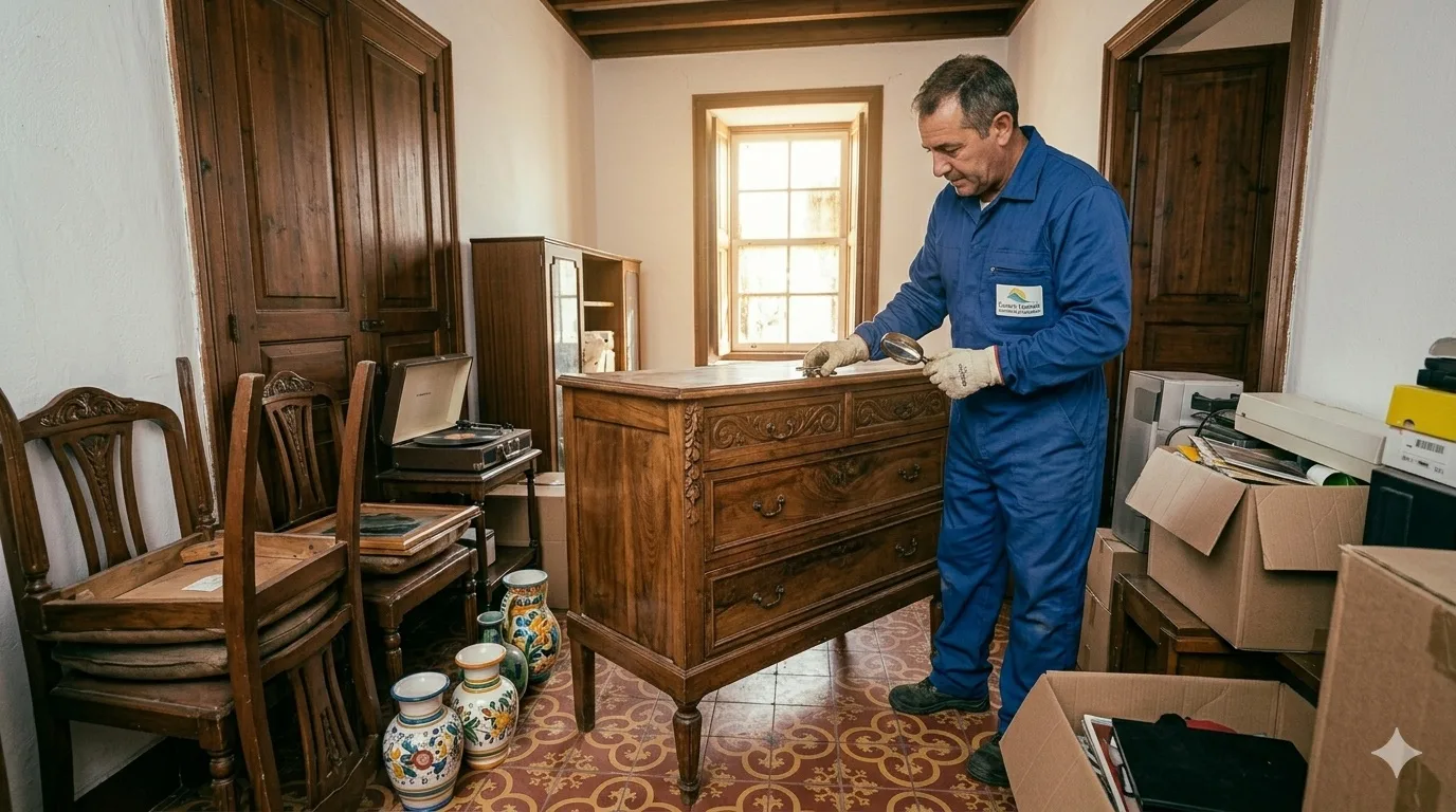 Trabajador de Sosa evaluando muebles antiguos de madera durante compra y vaciado de piso en Arucas
