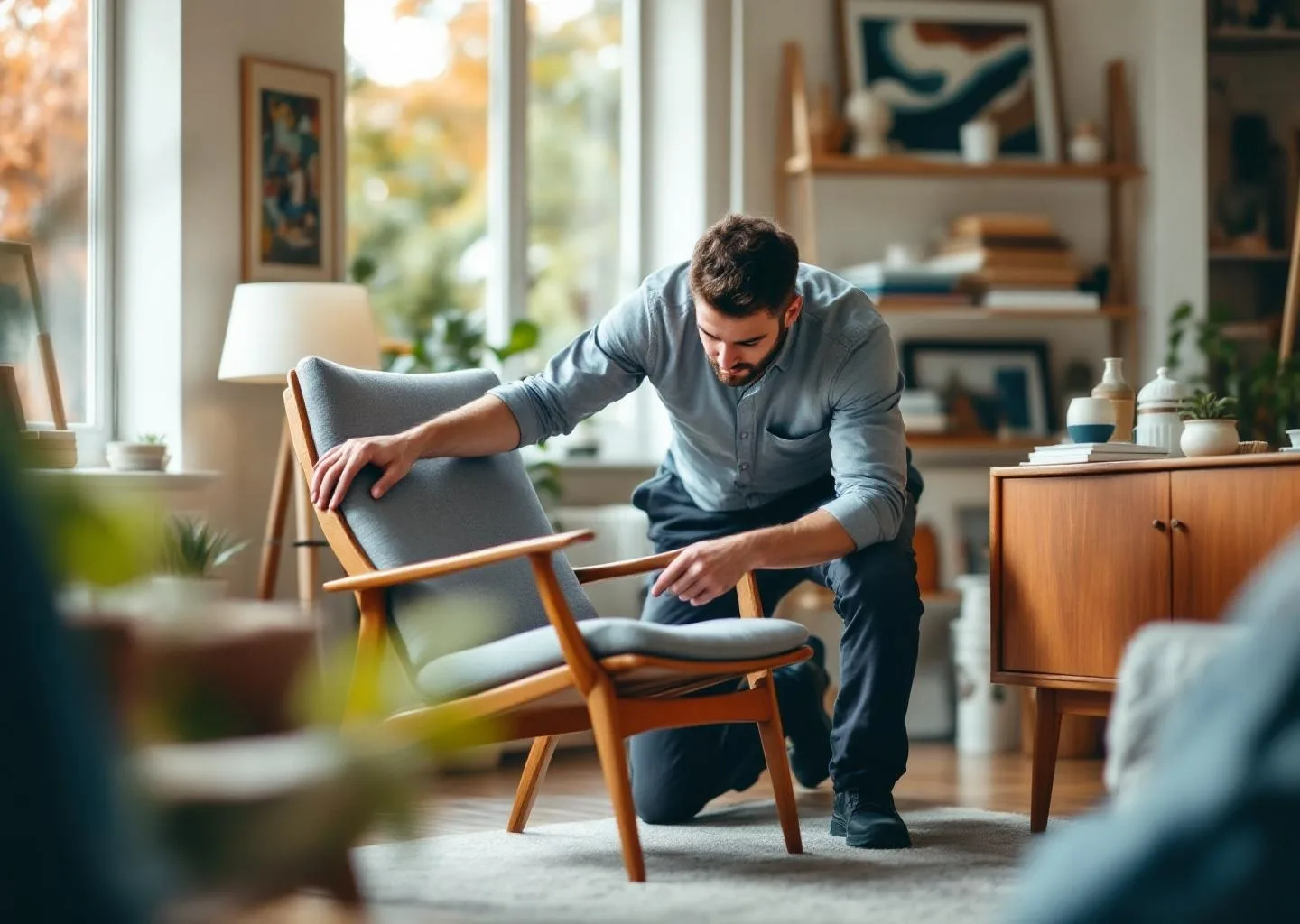 Trabajador de Sosa evaluando muebles antiguos de madera durante compra y vaciado de piso en Ingenio