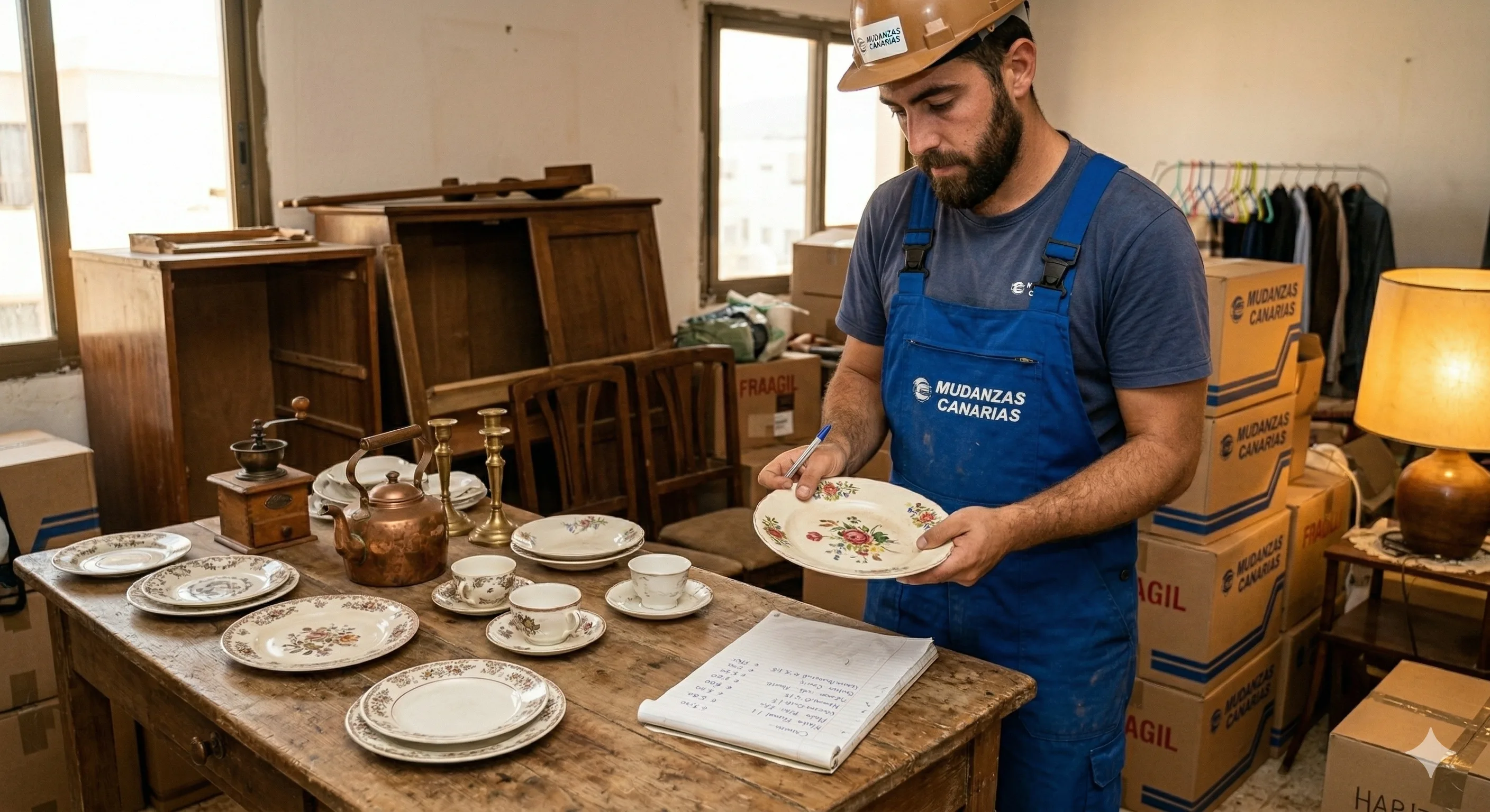 Trabajador de Sosa evaluando muebles antiguos de madera durante compra y vaciado de piso en Santa Lucía de Tirajana