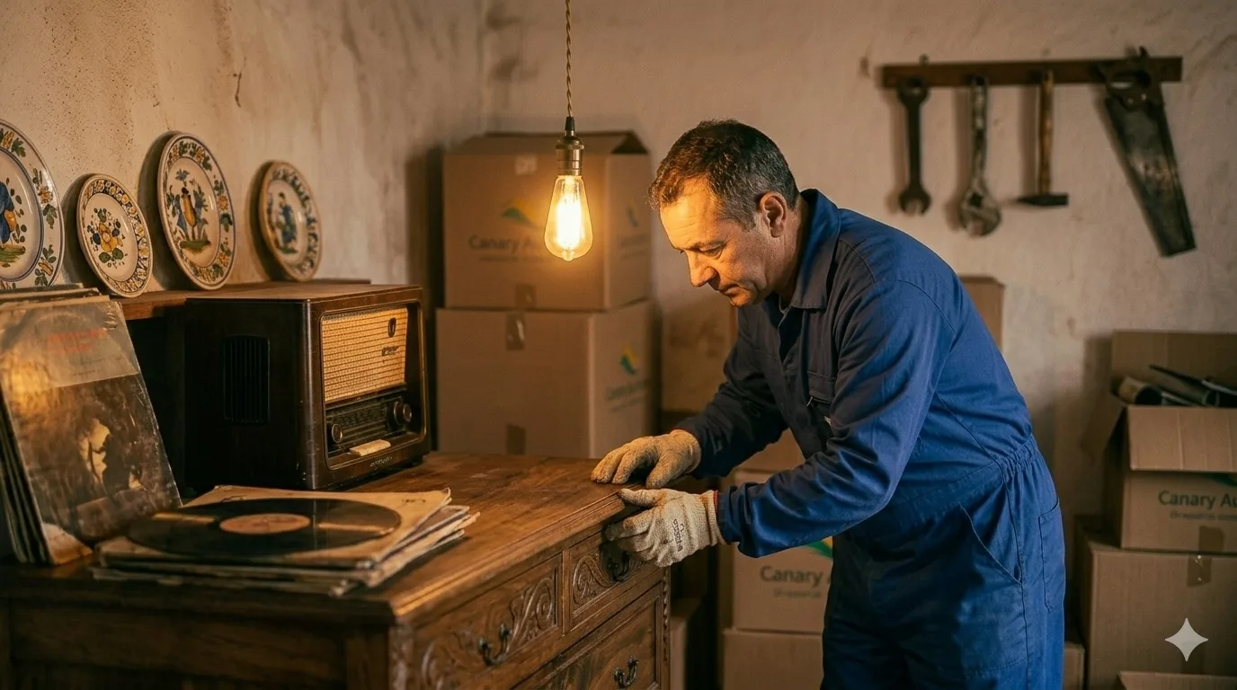 Trabajador de Sosa evaluando muebles antiguos de madera durante compra y vaciado de piso en Telde