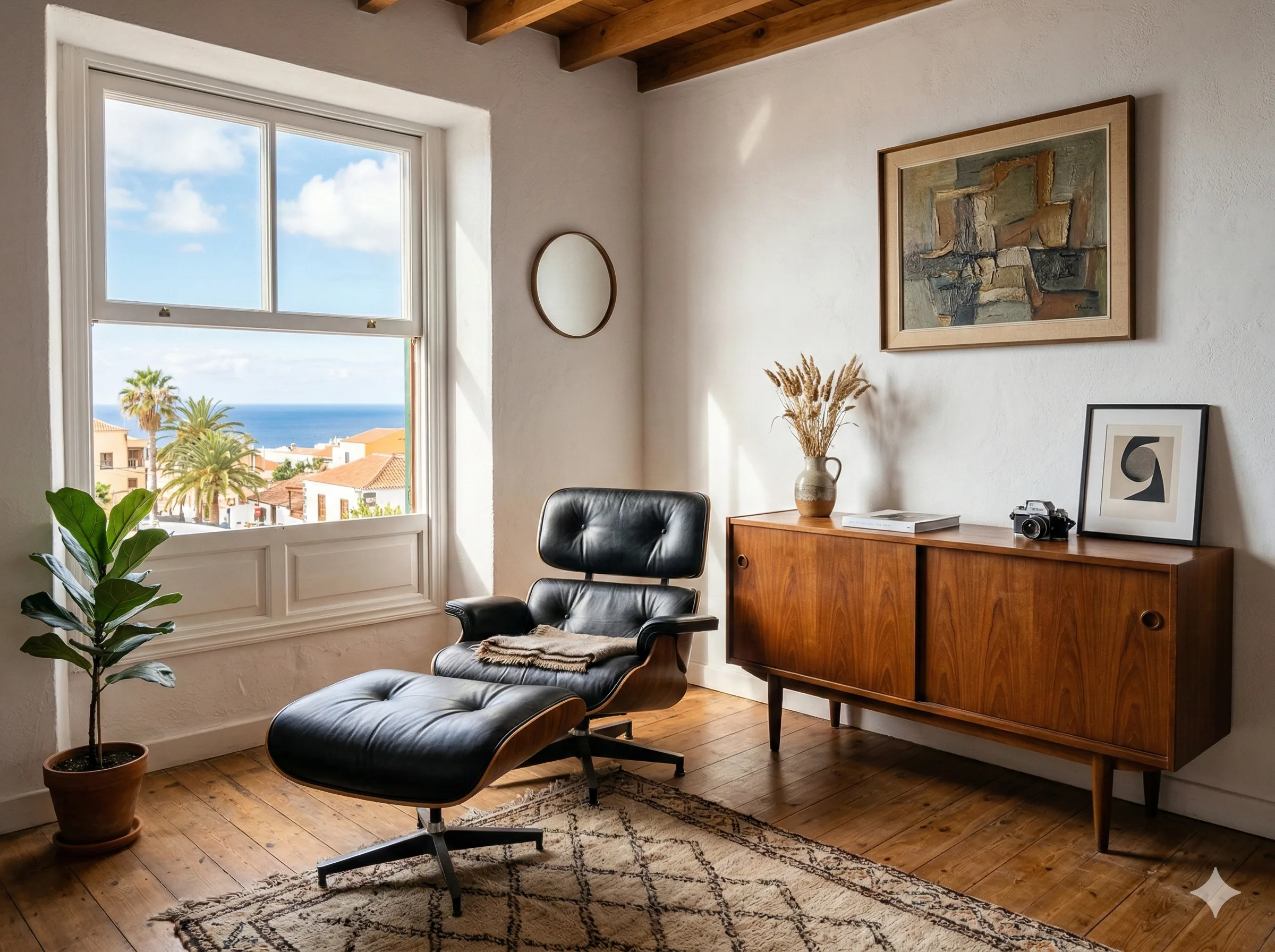 Muebles de diseño mid-century en un salón de Gran Canaria — butaca Eames y aparador de teca danés