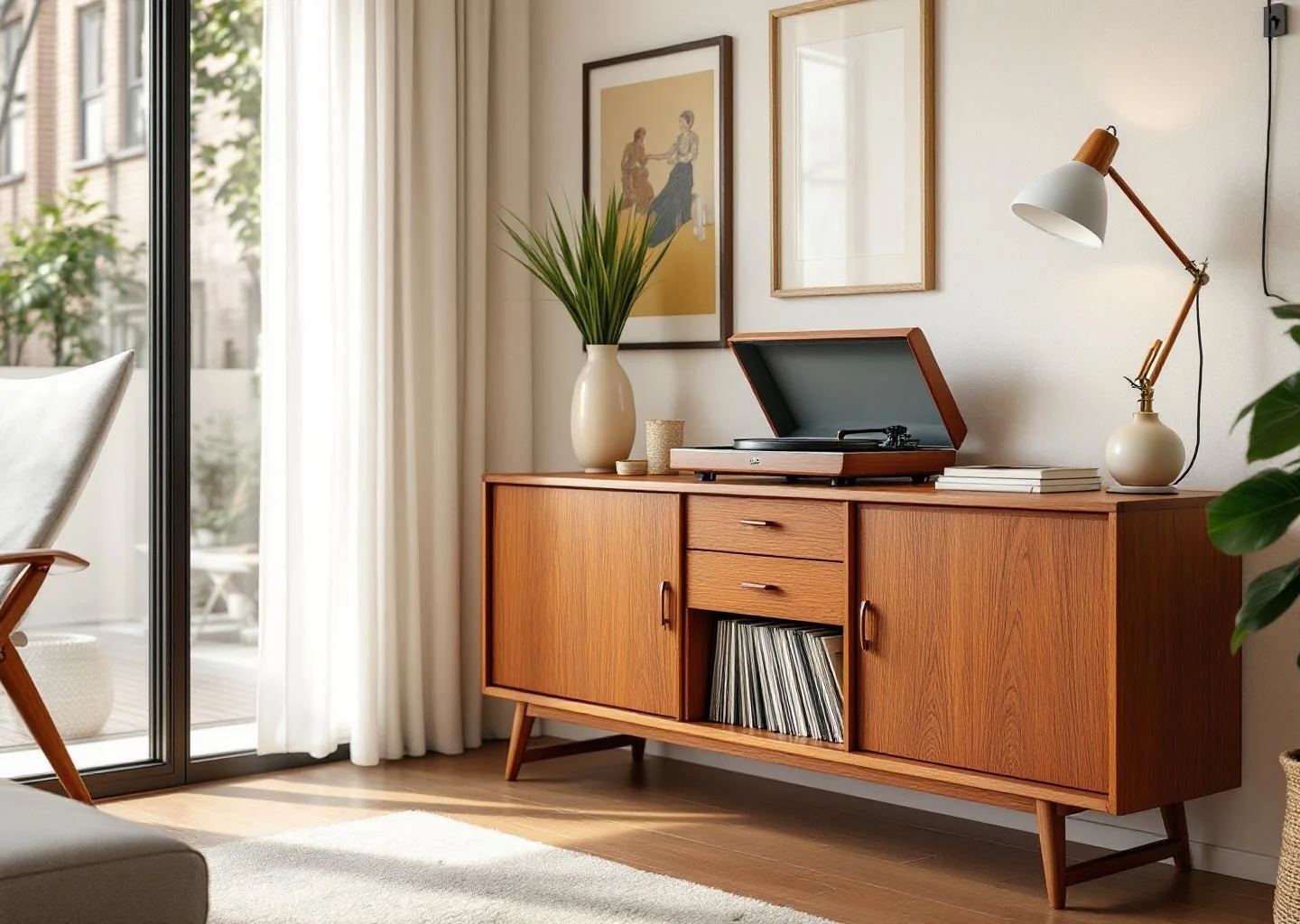 Salón mid-century modern con aparador de teca y tocadiscos vintage, compra de muebles de diseño en Gran Canaria