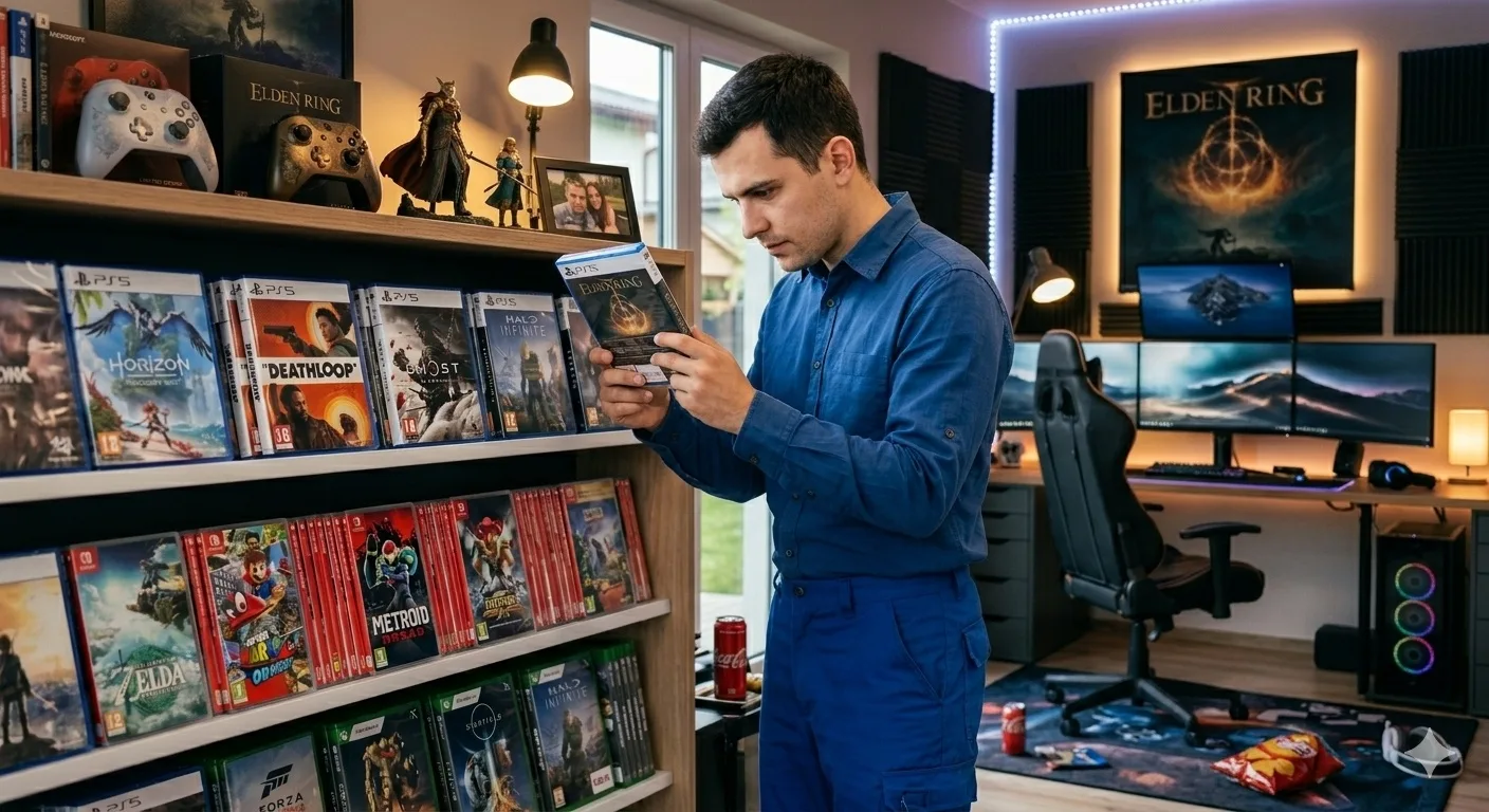 Juegos modernos de PS5, Nintendo Switch y Xbox Series ordenados en estantería para compra de videojuegos usados