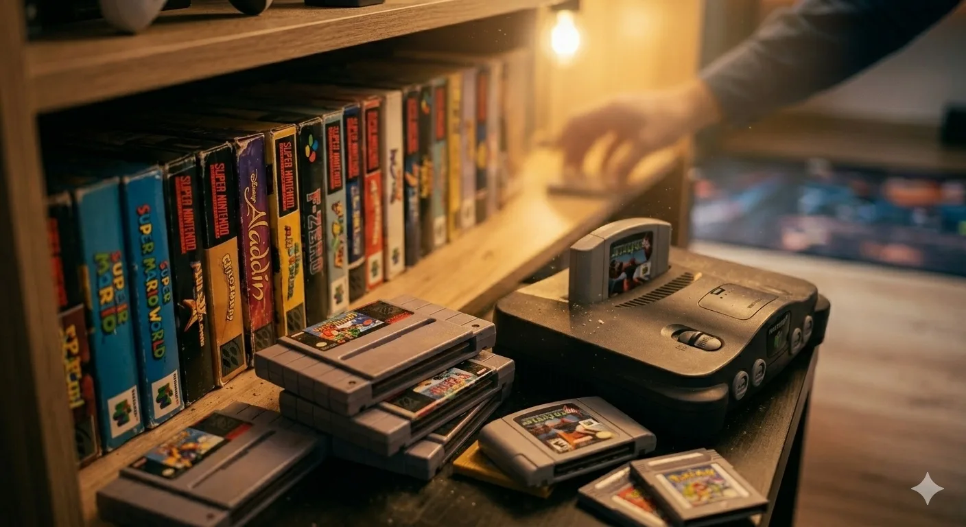 Colección de videojuegos retro y antiguos con cartuchos de SNES y cajas originales, compra de videojuegos en Gran Canaria