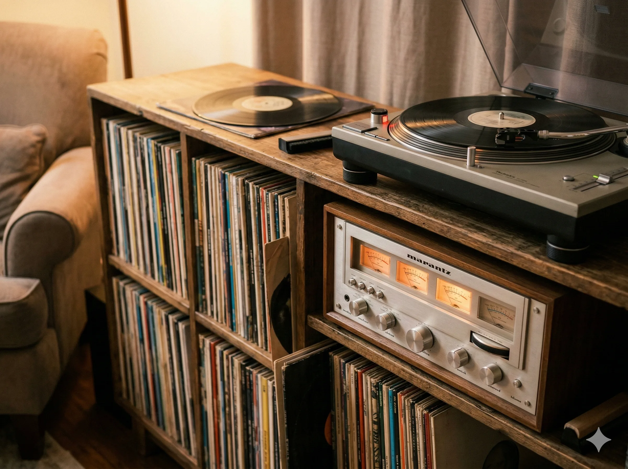 Colección de discos de vinilo y equipo Hi-Fi vintage — amplificador Marantz y tocadiscos Technics