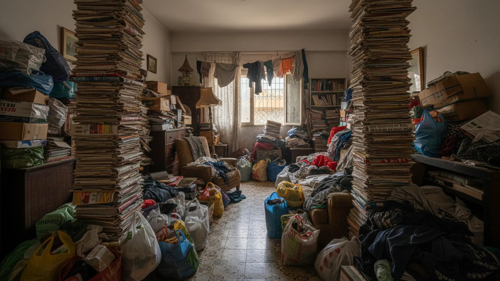 Severely cluttered hoarder apartment on Gran Canaria before professional clearance by Sosa