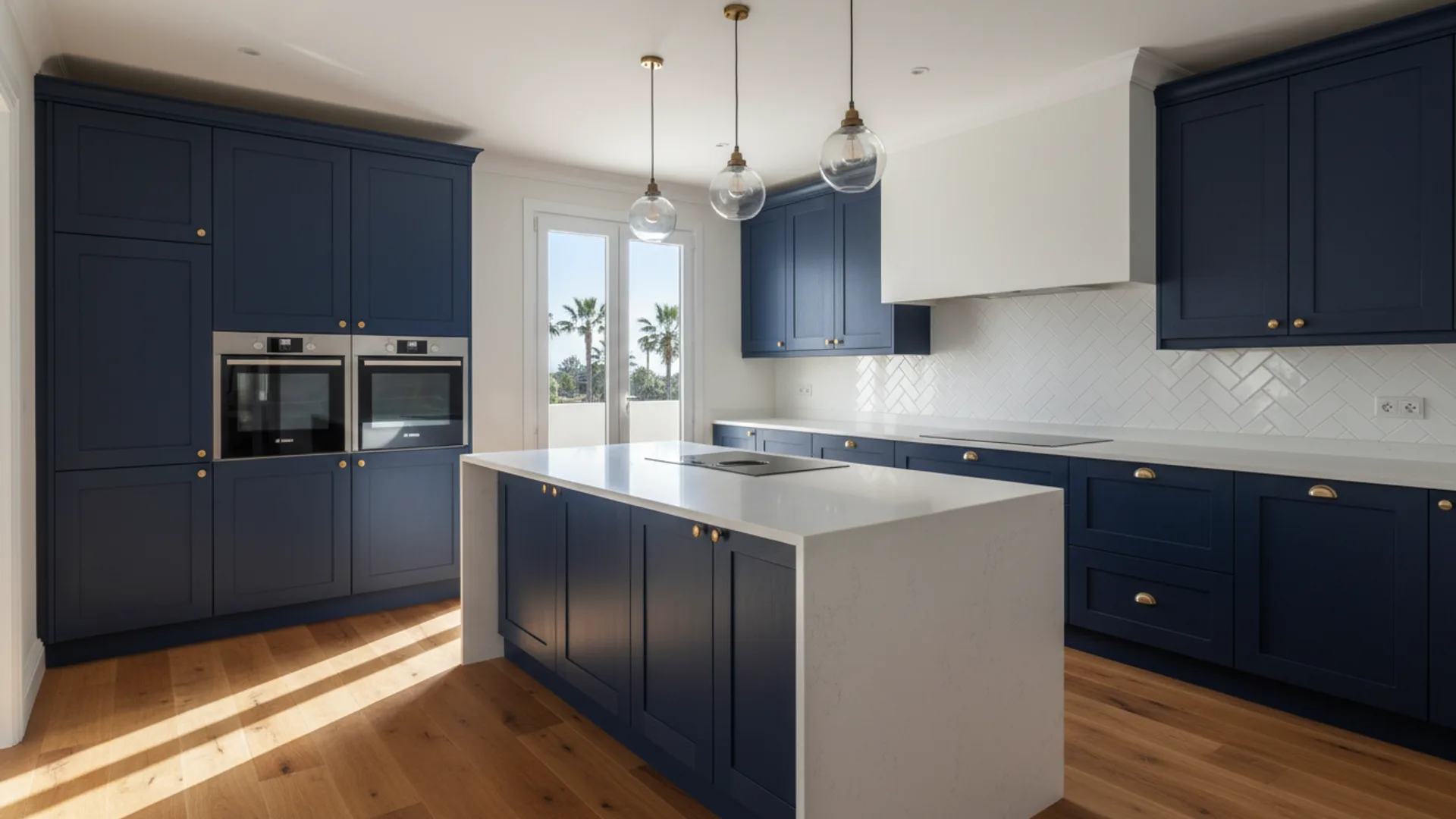 British-style shaker kitchen with quartz worktop and island in a renovated Gran Canaria villa