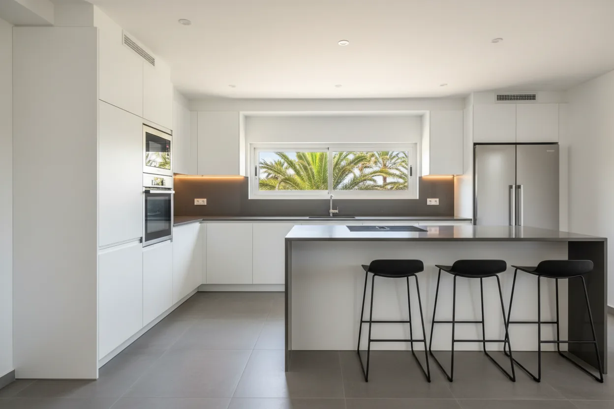 Offene Wohnküche mit hellen Fronten und Quarz-Arbeitsfläche nach Küchenumbau