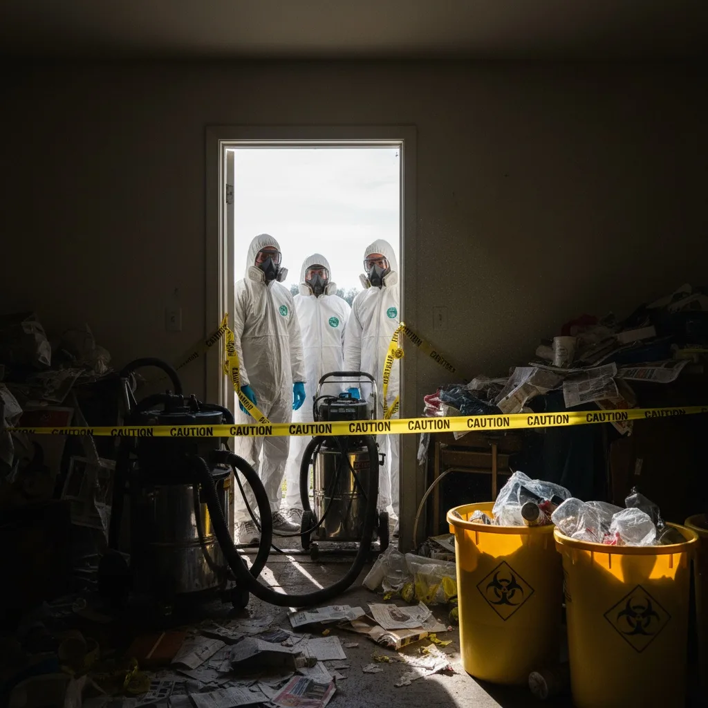 Equipo profesional con protección realizando limpieza por síndrome de Diógenes en vivienda de Agaete