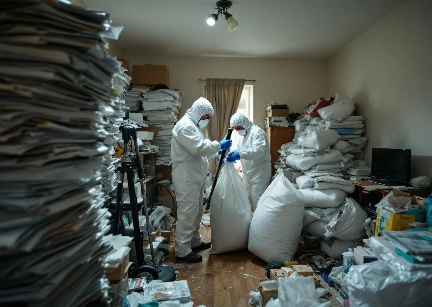 Equipo con protección realizando limpieza profesional por síndrome de Diógenes en vivienda de Agüimes