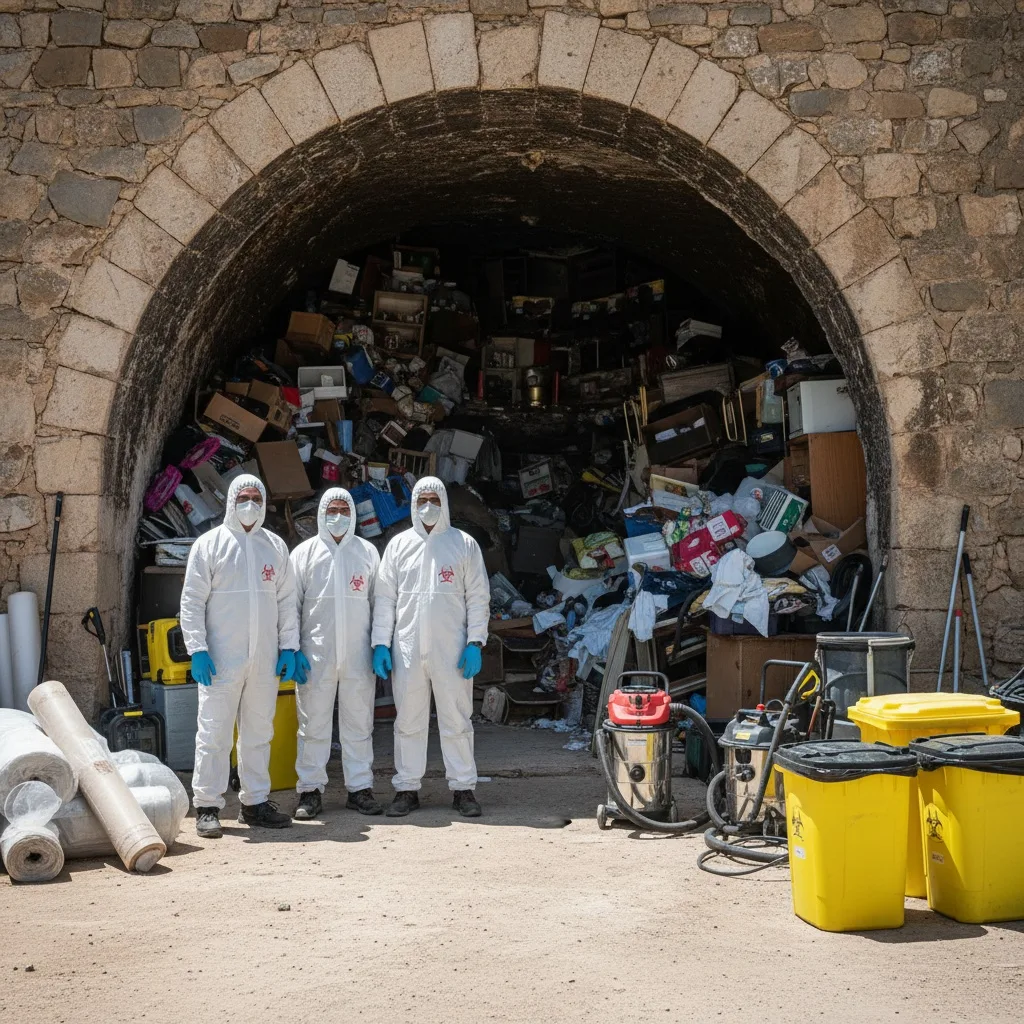 Equipo profesional con protección realizando limpieza por síndrome de Diógenes en vivienda de Artenara
