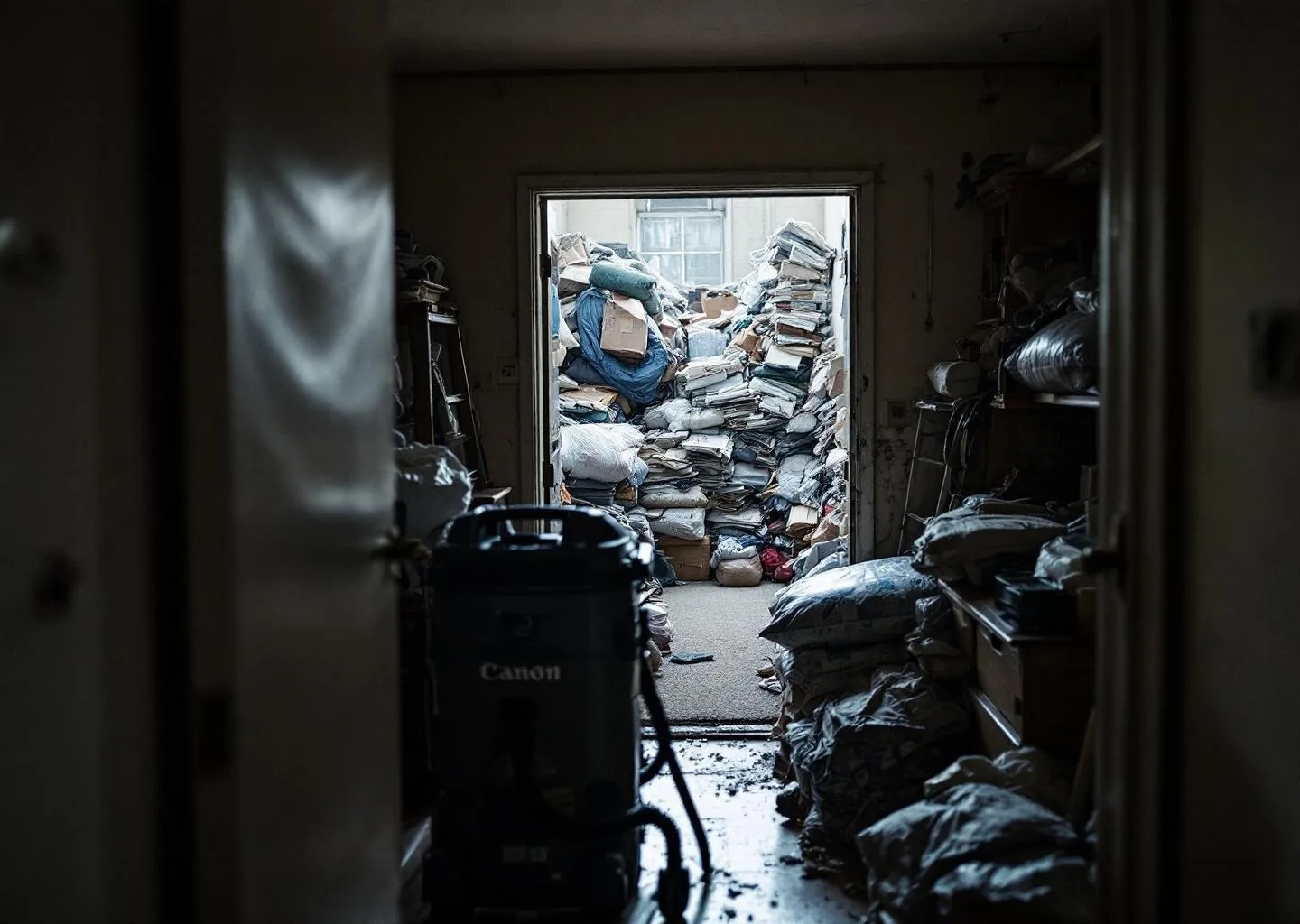 Equipo profesional con protección realizando limpieza por síndrome de Diógenes en vivienda de Moya