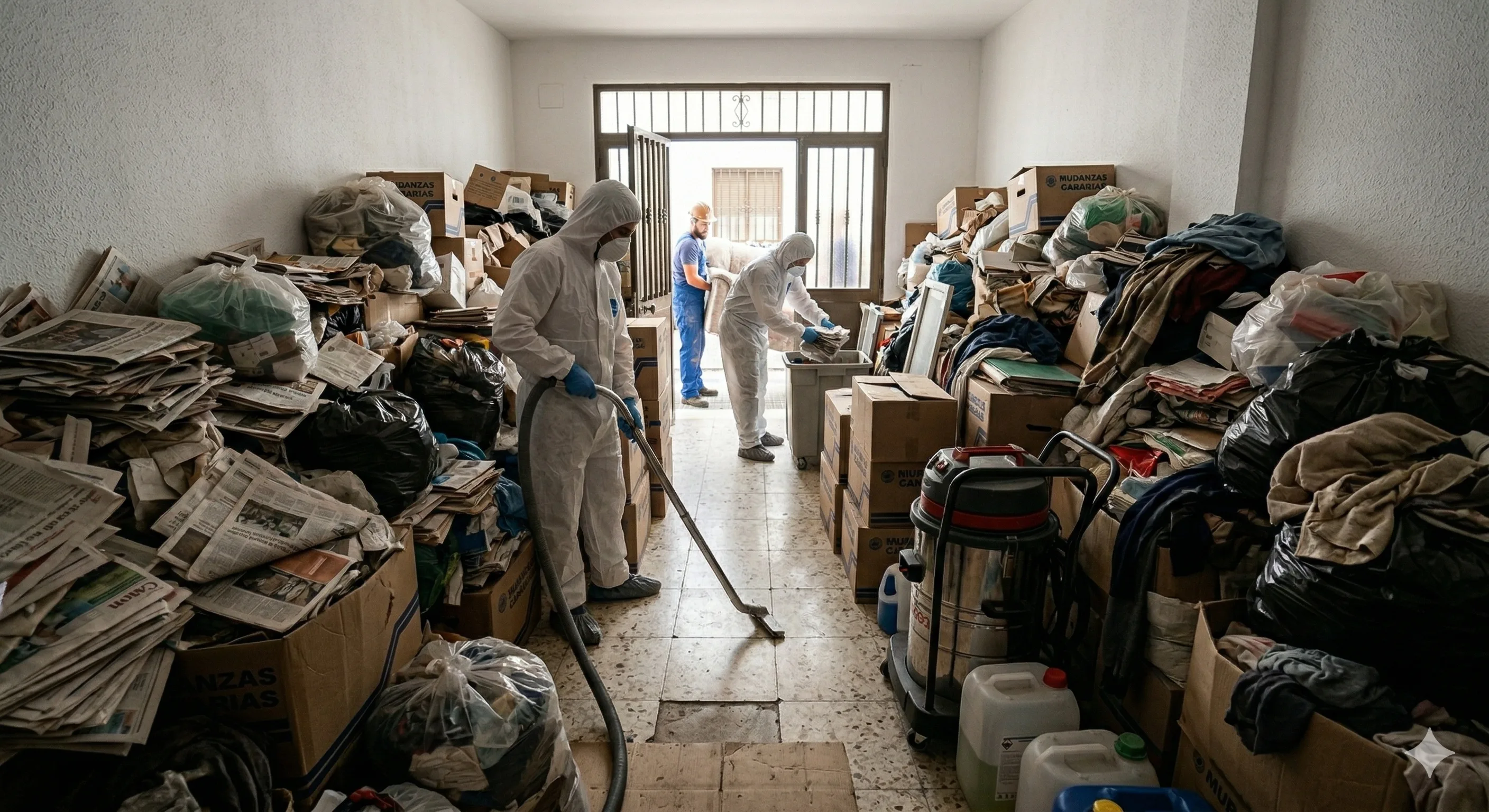 Equipo con protección realizando limpieza profesional por síndrome de Diógenes en vivienda de Santa Lucía de Tirajana