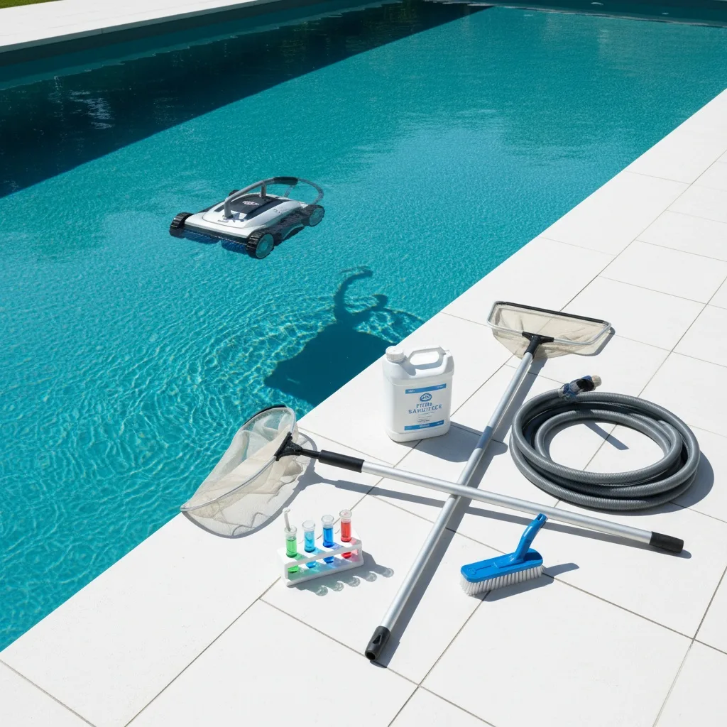 Equipos de limpieza y tratamiento químico junto a piscina en Gran Canaria