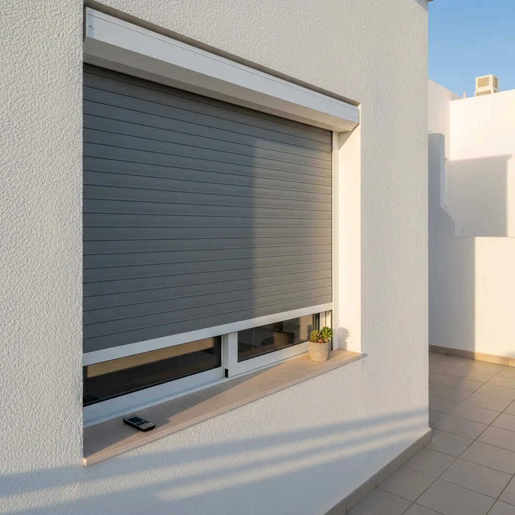 Persiana de aluminio motorizada parcialmente bajada filtrando luz solar en ventana de apartamento