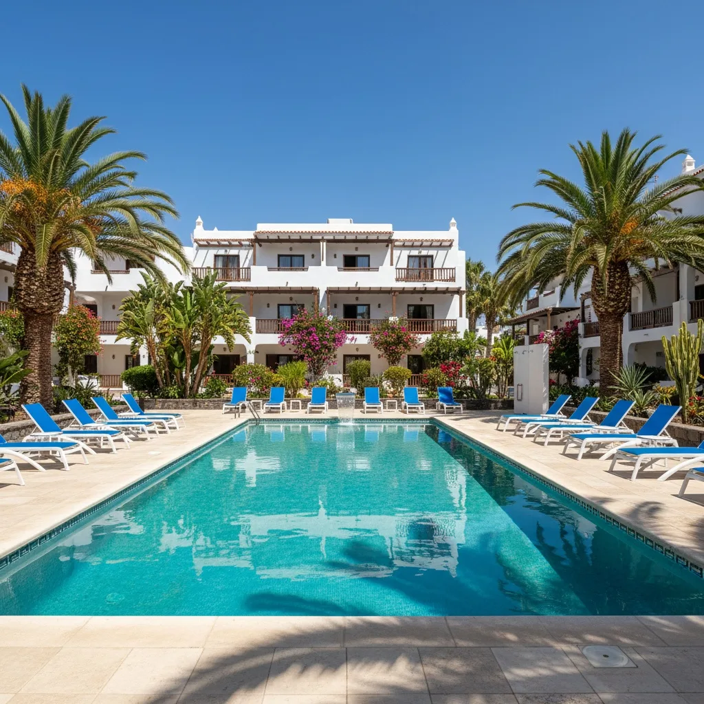 Piscina comunitaria de complejo residencial con tumbonas en Gran Canaria