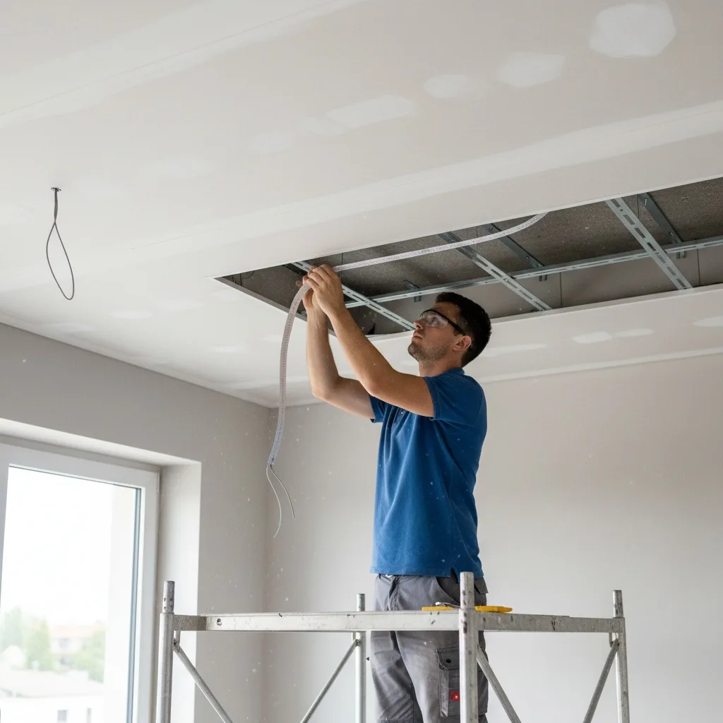 Profesional instalando falso techo de pladur con iluminación LED empotrada