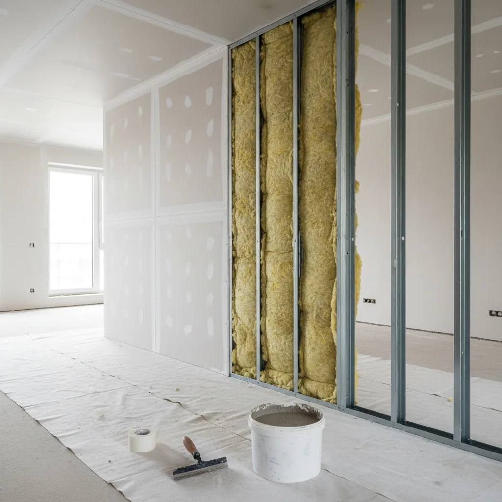 Tabique divisorio de pladur con aislamiento de lana mineral entre montantes metálicos