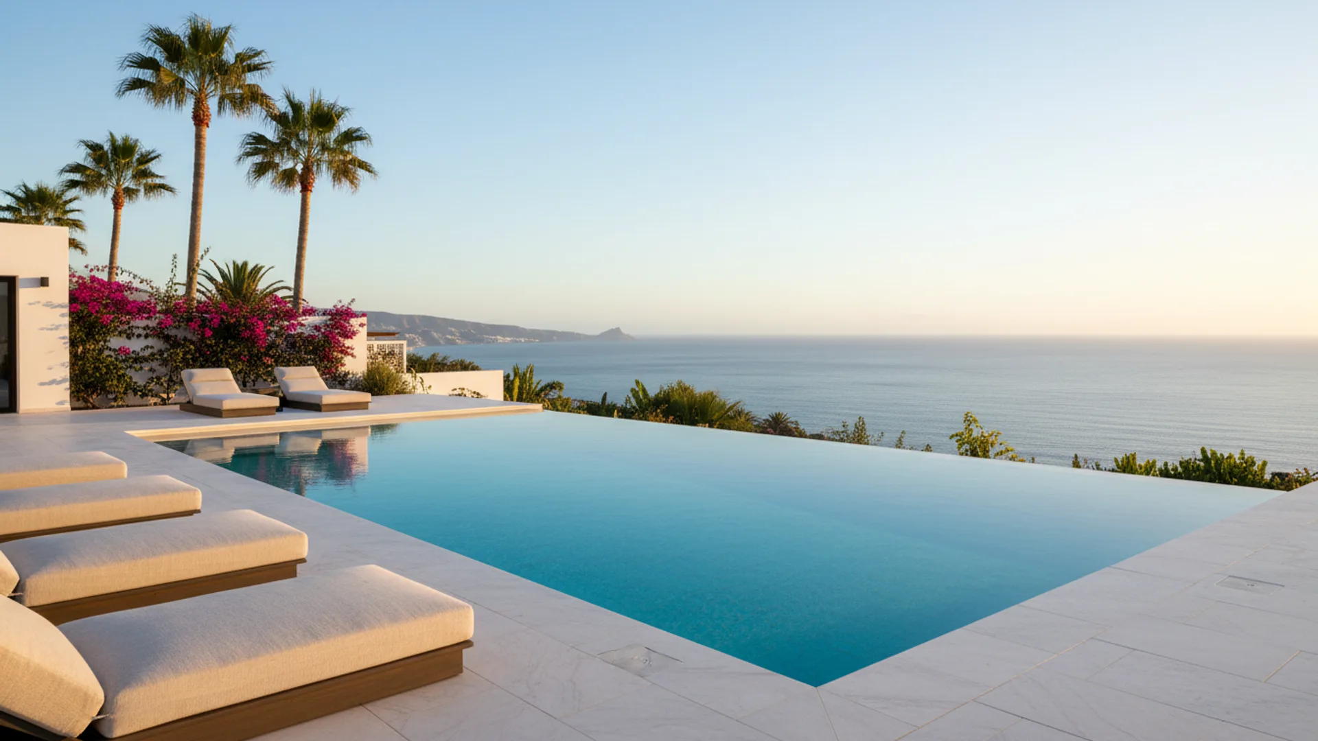 Freshly renovated private infinity pool at a luxury villa on Gran Canaria with palm trees and ocean view