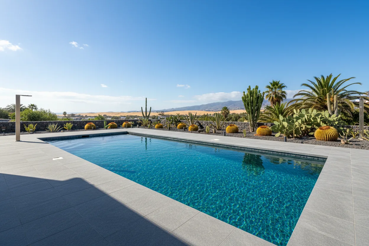 Frisch sanierter Privatpool mit Mosaikfliesen und Naturstein-Einfassung, Palmen im Hintergrund