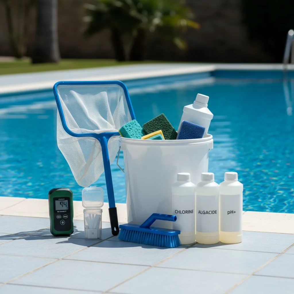 Reinigungswerkzeuge für Pool-Wartung auf Gran Canaria: Teleskopstange, Bodensauger, Bürste