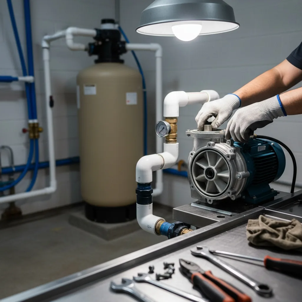 Techniker tauscht die Poolpumpe eines Hauses auf Gran Canaria aus