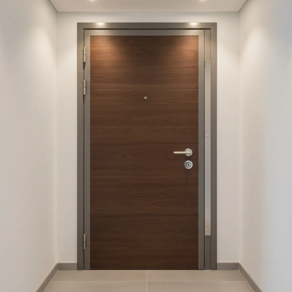Puerta acorazada de seguridad con acabado en nogal oscuro y cerradura de cilindro europeo instalada en vivienda