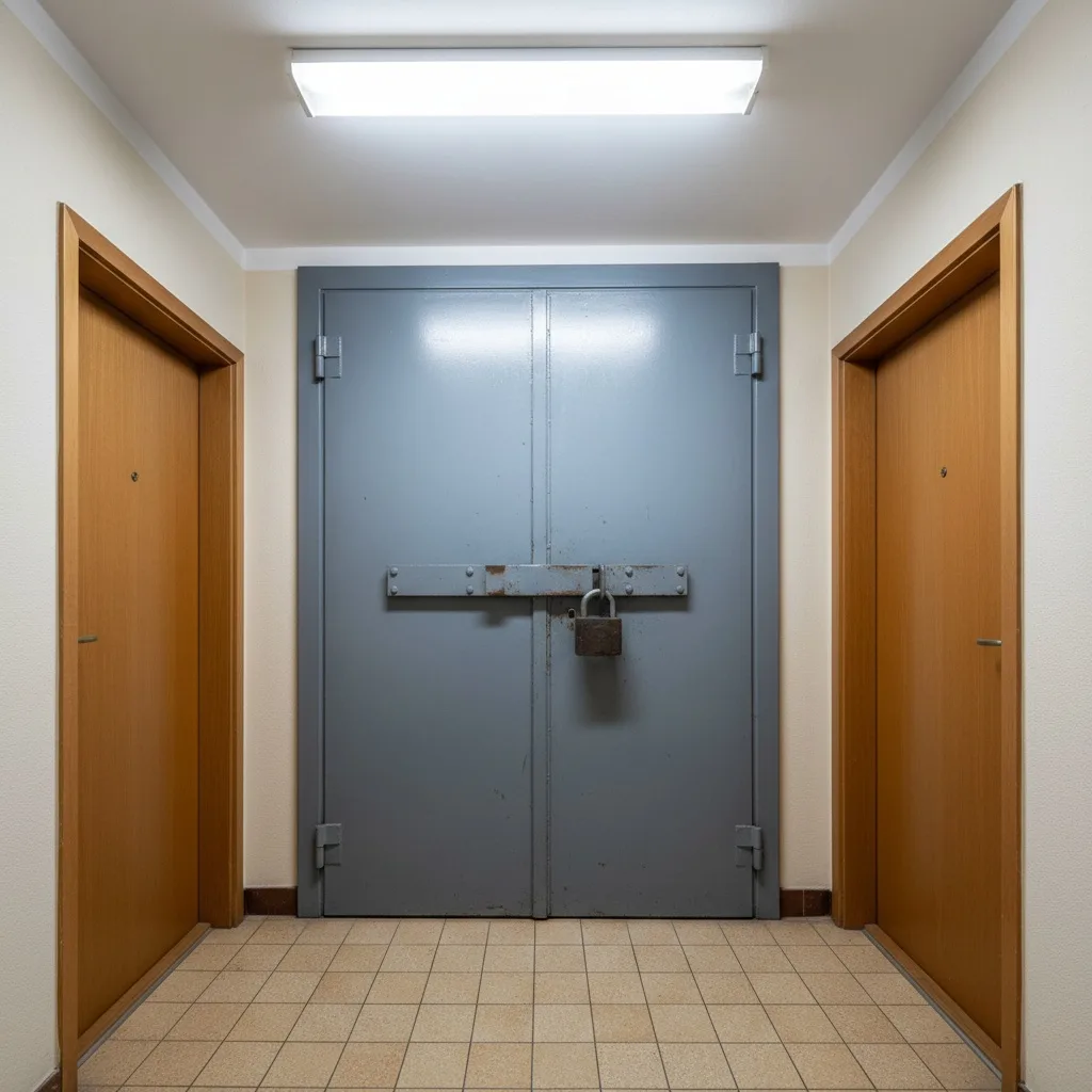 Puerta antiokupa de acero reforzado instalada en piso vacío de edificio residencial en Gran Canaria