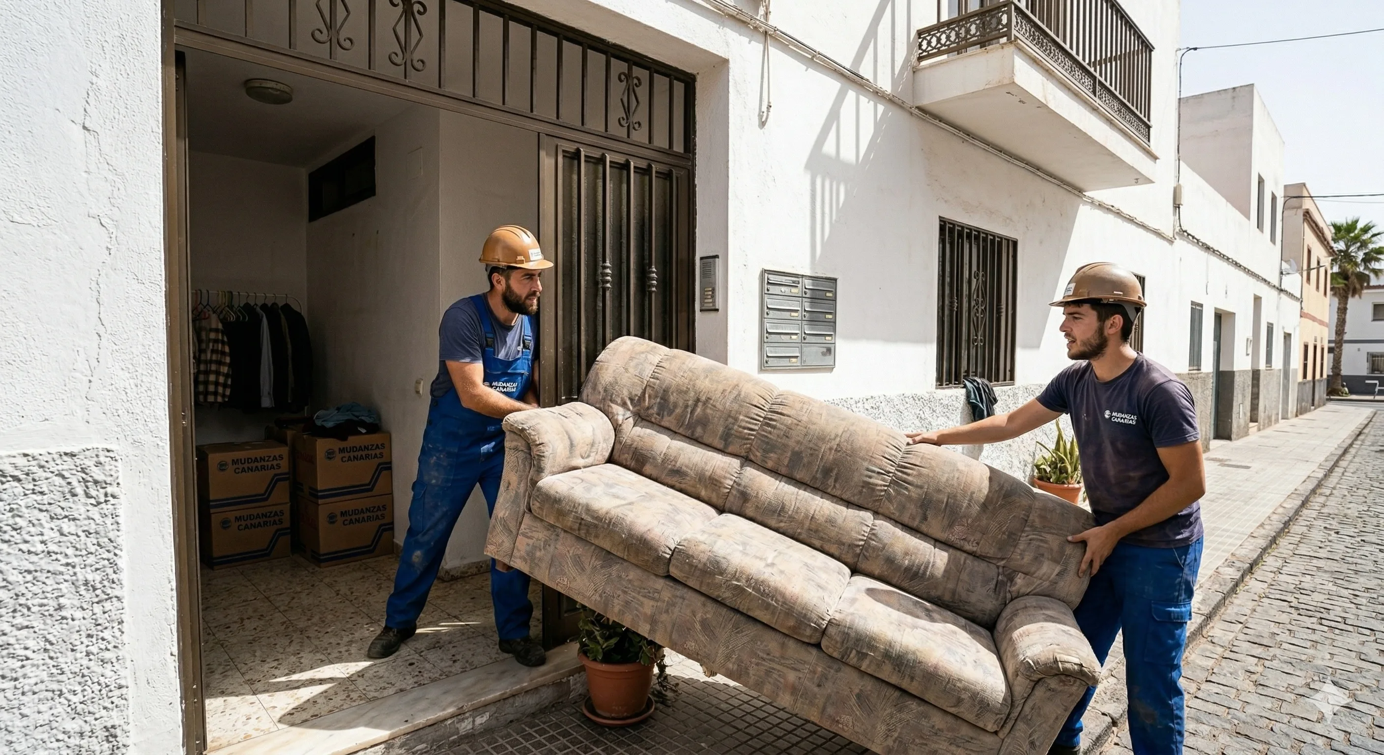 Equipo de Sosa retirando muebles pesados por escalera estrecha durante recogida de enseres en Santa Lucía de Tirajana