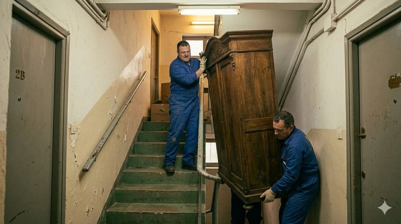 Equipo de Sosa retirando muebles pesados por escalera estrecha durante recogida de enseres en Telde