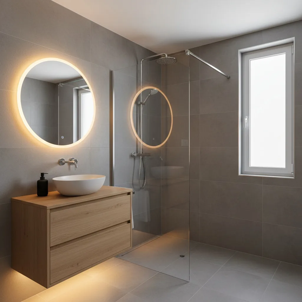 Baño recién reformado con plato de ducha y azulejo de gran formato en vivienda de Agüimes