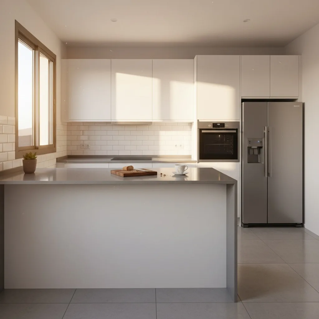 Cocina moderna con encimera de cuarzo y muebles blancos tras reforma en Agüimes