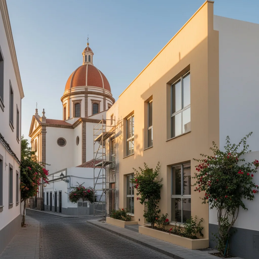 Fachada de edificio residencial recién renovada en el casco histórico de Agüimes