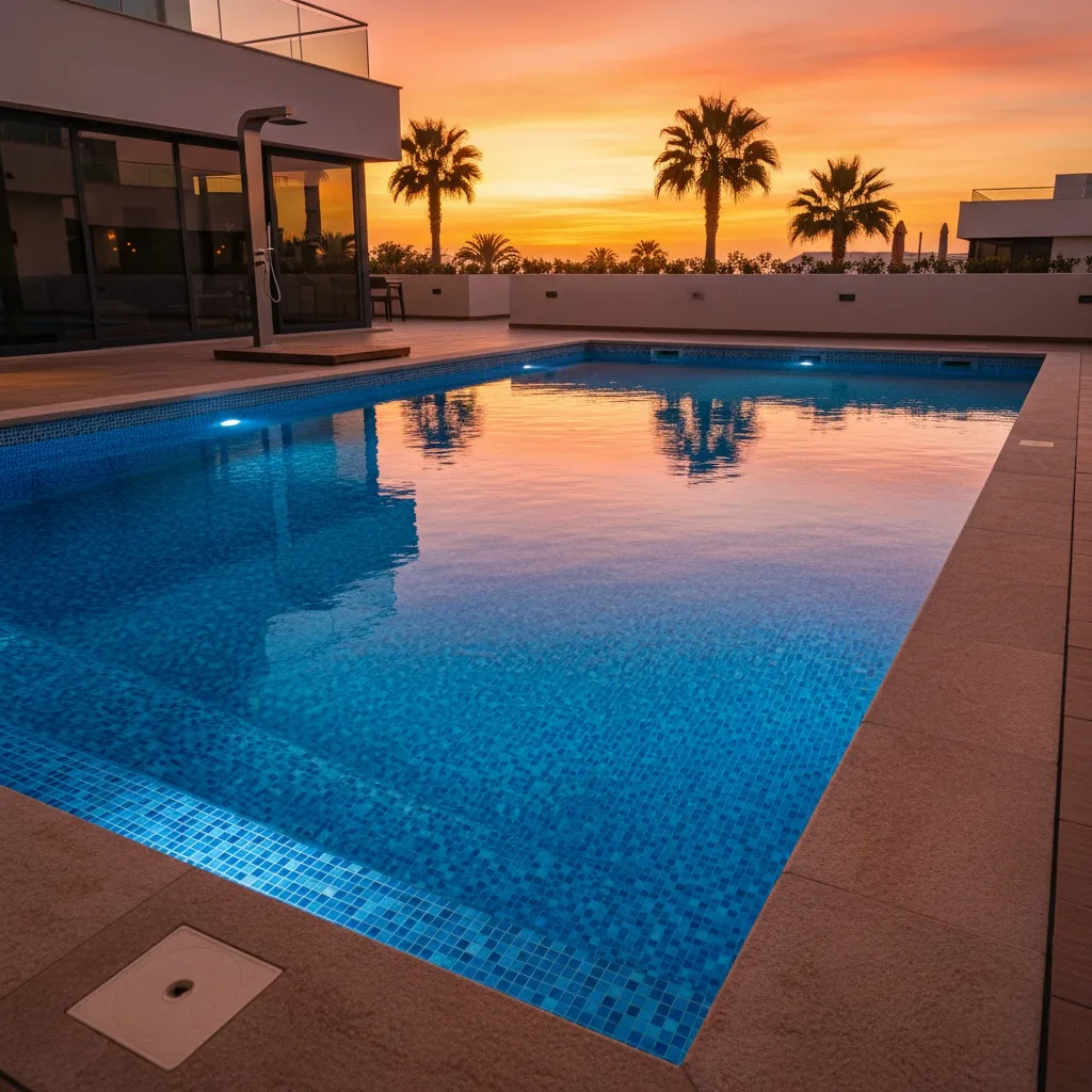 Piscina renovada con gresite nuevo e iluminación LED al atardecer en Gran Canaria